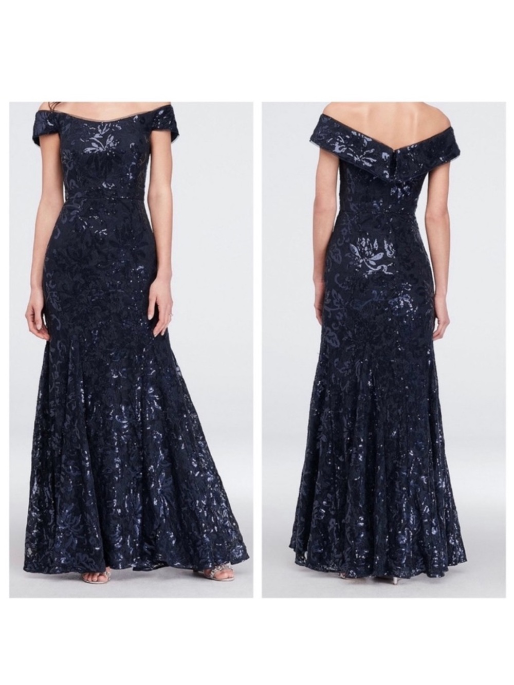 Xscape Off-Shoulder Mermaid Gown Size 4 Navy Blue Sequin Lace Formal Dress